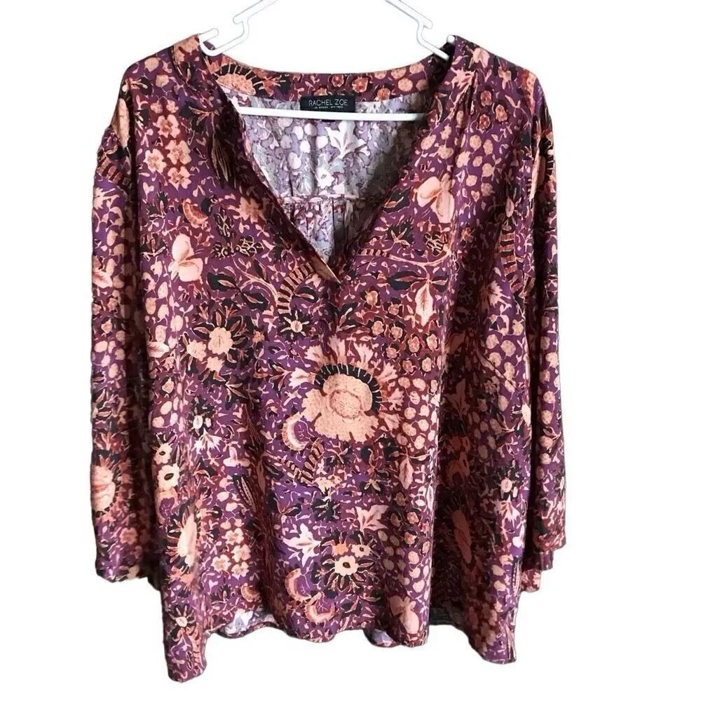 Rachel Zoe Plus Size 3X top blouse floral orange purple 3/4βtie sleeves